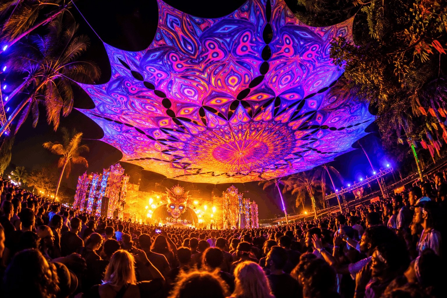 Colourful psytrance festival at night in Goa
