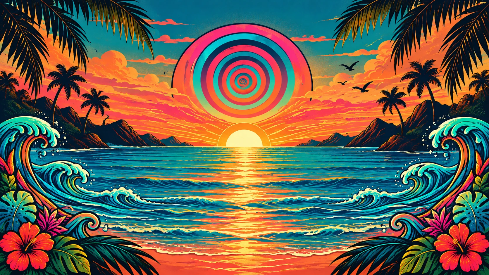 Psychedelic Goan sunset with turquoise waves, palms and a coral spiral sun