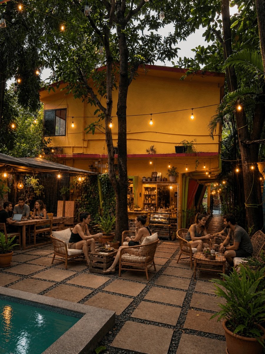 Guests relaxing around the courtyard by the pool