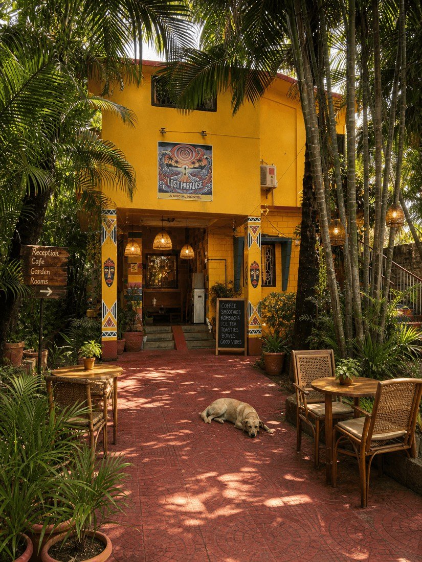 The tropical Lost Paradise entrance and café courtyard