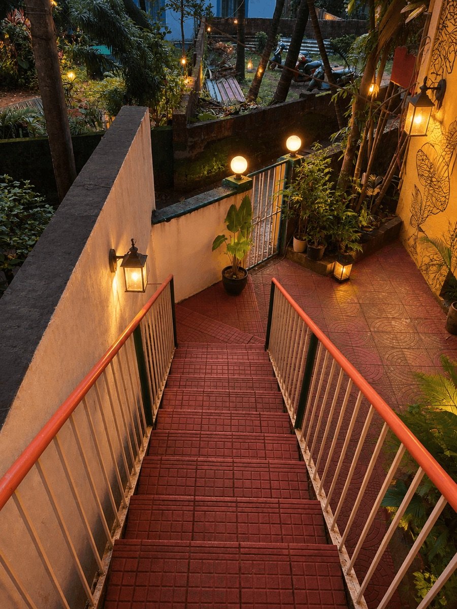 Artistic staircase glowing at dusk